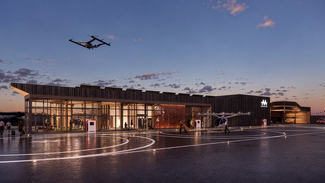 Concept rendering of a low-rise vertiport with a timber canopy, passenger entrance, roadway access and an electric aircraft visible beside the building.